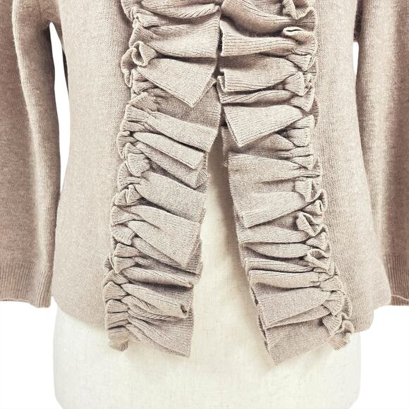 ANTHROPOLOGIE TABITHA Swift Current Ruffle-Front Tan Cardigan Size M Lambswool - Picture 3 of 9